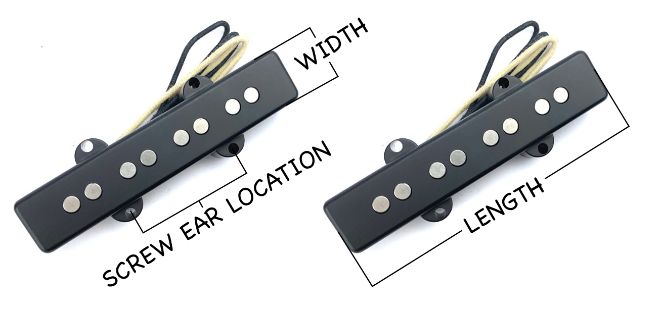 Picture of Jazz Bass pickup showing that one can measure the distance from the center of one screw hole to the other on the same side of the pickup