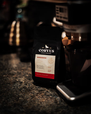 A bag of specialty coffee from Corvus Coffee Roasters, a Denver coffee roaster
