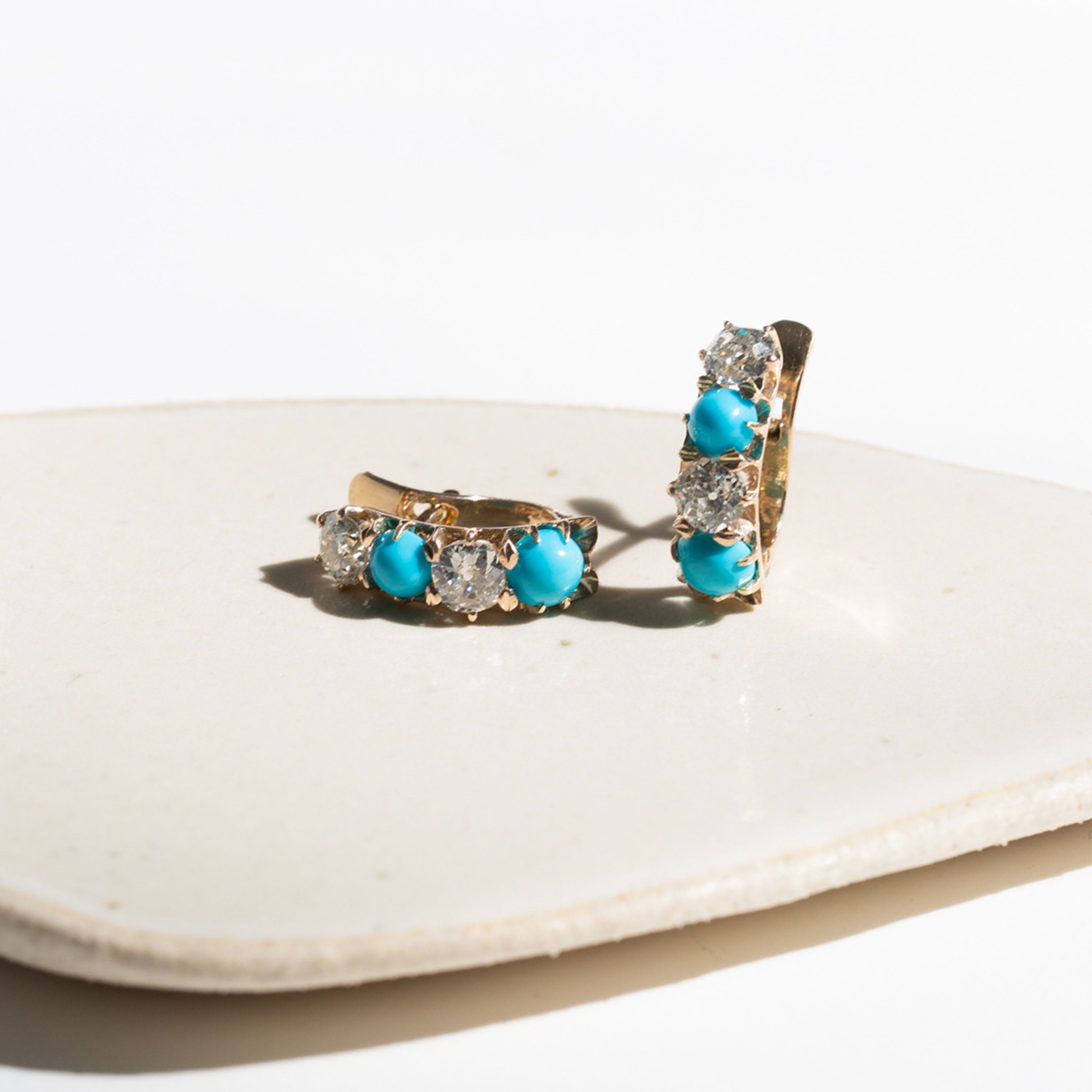 Victorian Old Mine Cut Diamond And Turquoise 14k Gold Earrings