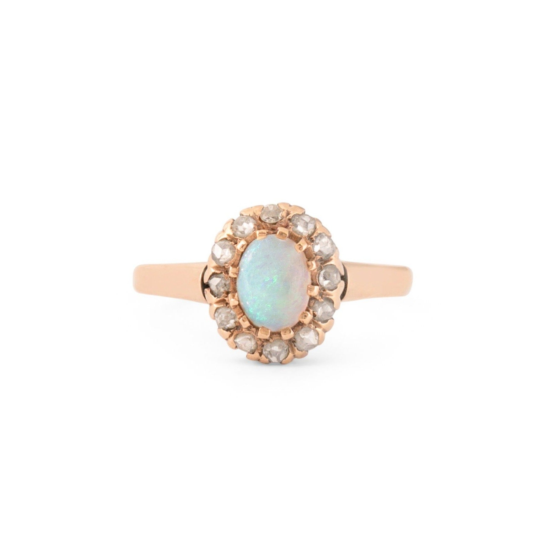 Antique Victorian Opal, Rose Cut Diamond, and 14K Cluster Ring