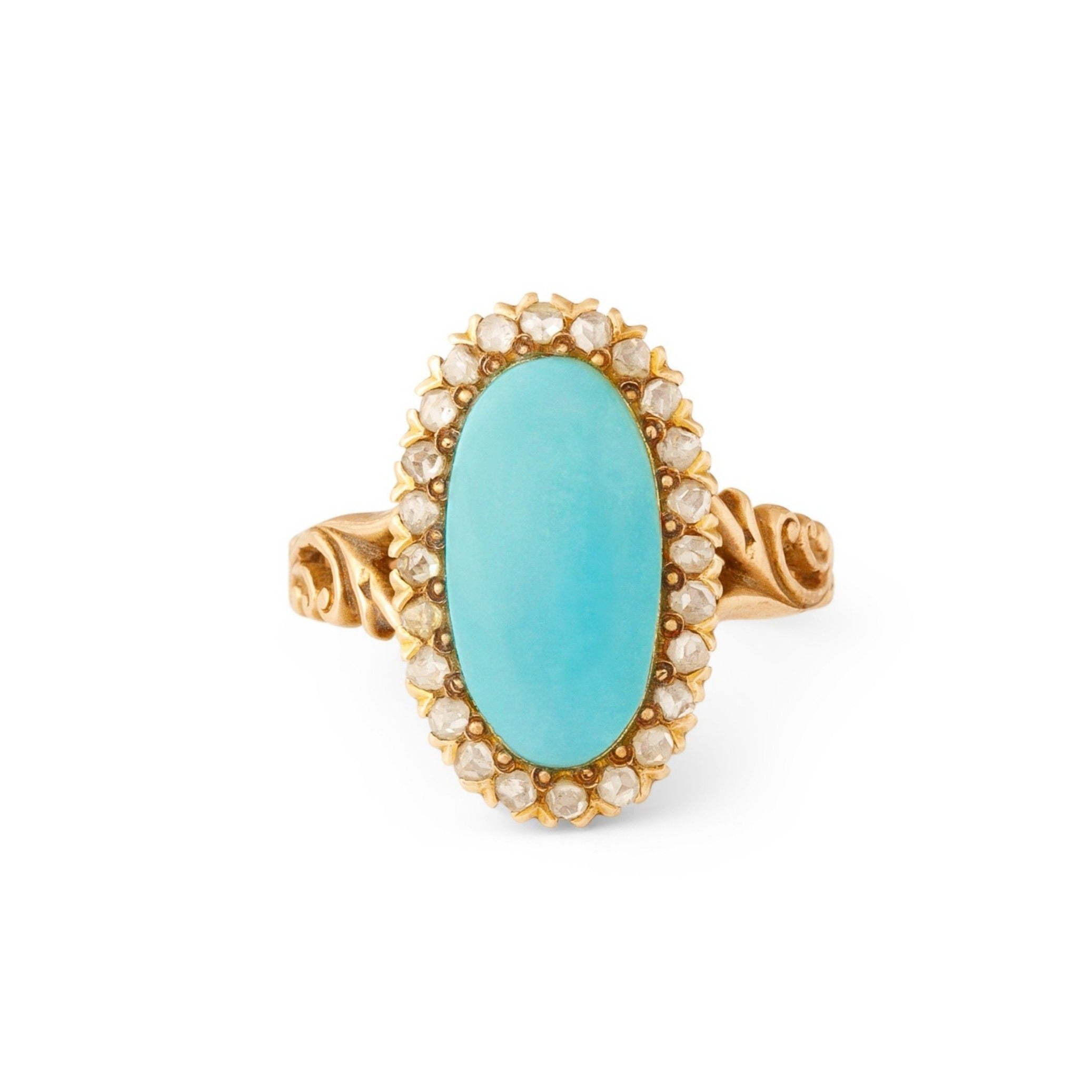 Victorian Turquoise, Rose Cut Diamond, and 14k Gold Cluster Ring