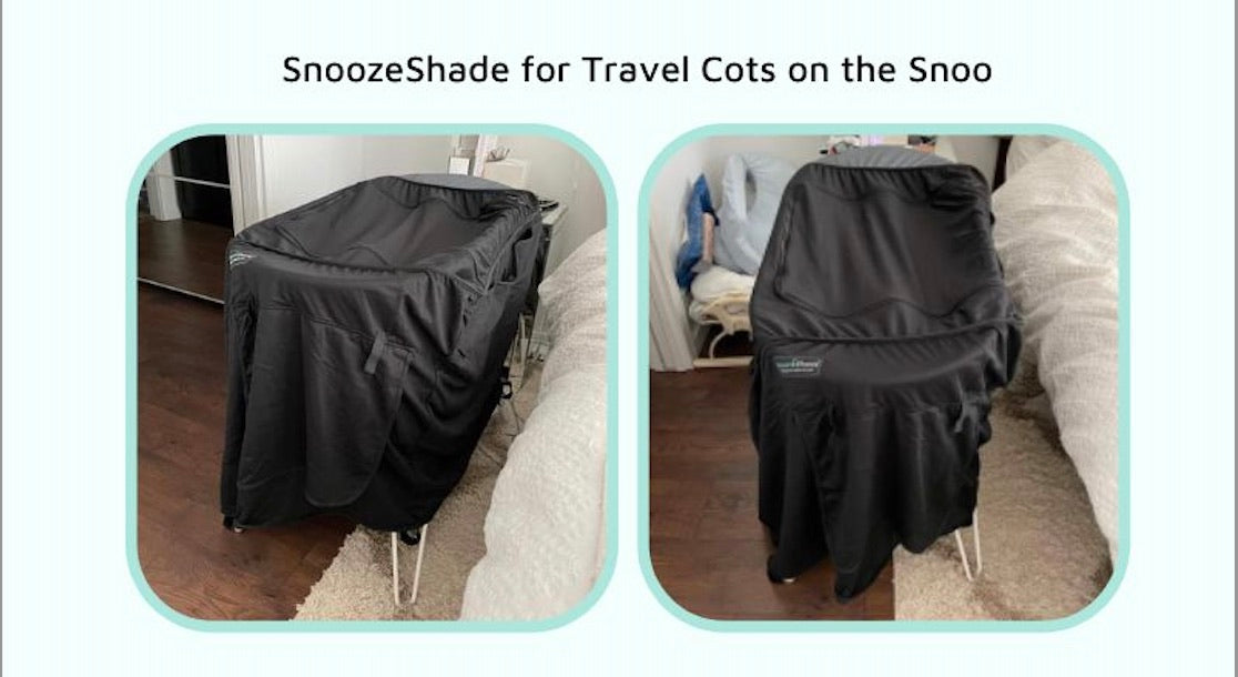 SnoozeShade for Travel Cots on a Snoo cot