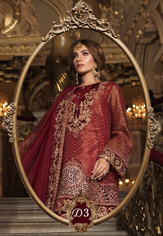 Maria B. Wedding Collection Deep Red Colored with Gold Embroidery