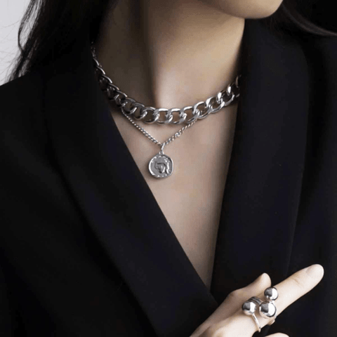 Woman in a black blazer wearing Amour De Paris chainlink Choker Necklace