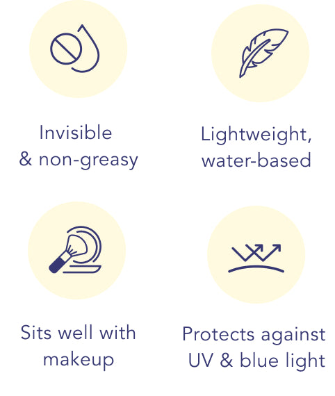 Invisible and non-greasy, Lightweight, water-based, Sits well with makeup, Protects against UV & blue light