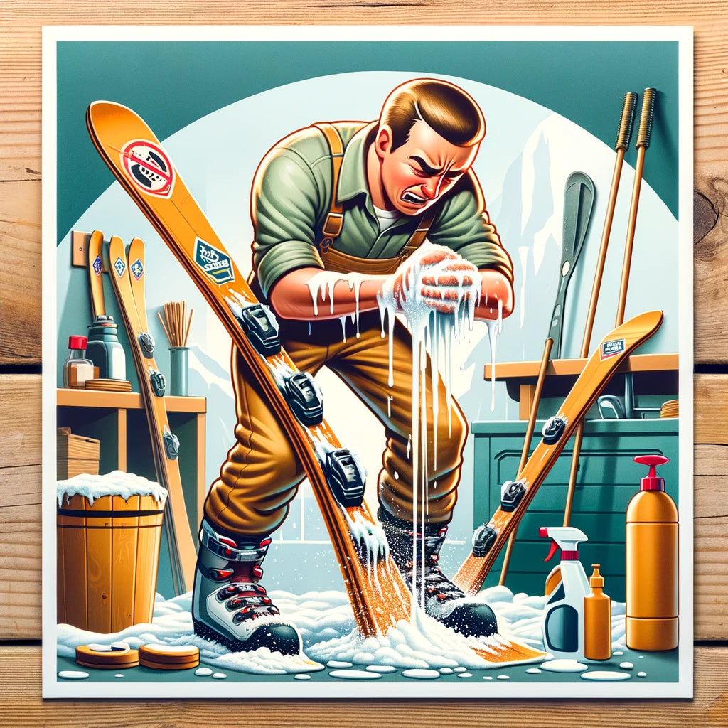 DALL·E 2024-02-08 13.38.10 - A square image of a man struggling to wash off fluorinated wax from his skis, illustrating the challenge due to the ban on using fluorinated wax in sk.webp__PID:9521a0df-78ed-4851-885b-7b13f3acda29