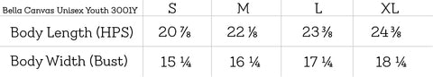 Bella + Canvas Youth 3001 Sizing Chart