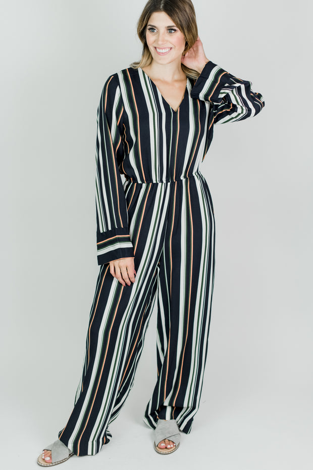 striped long sleeve jumpsuit