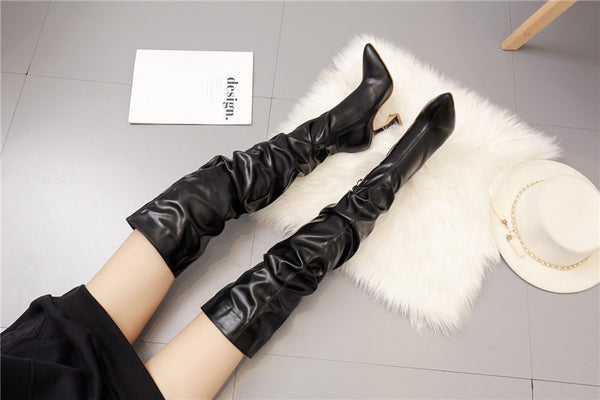 Pleated Faux Leather Over Knee Boots - Shaksboutique | Shaks Boutique