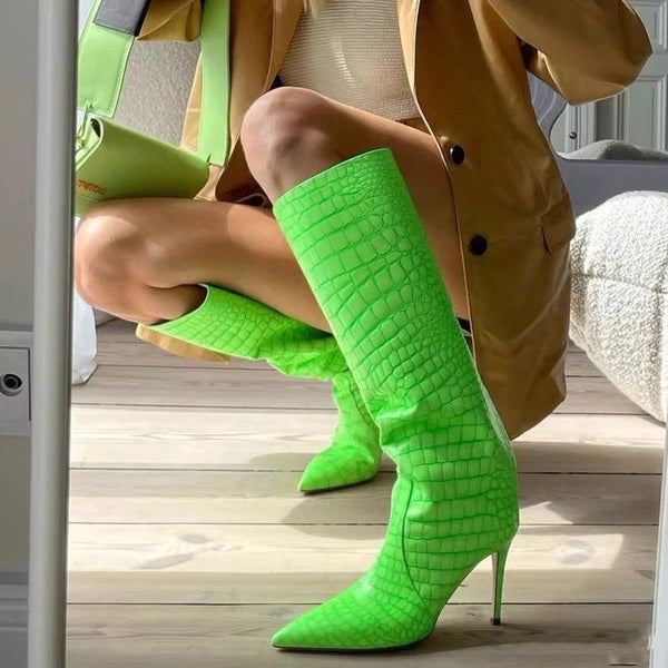 New Pointed Fluorescent Green High Tube Boots - Shaksboutique | Shaks ...