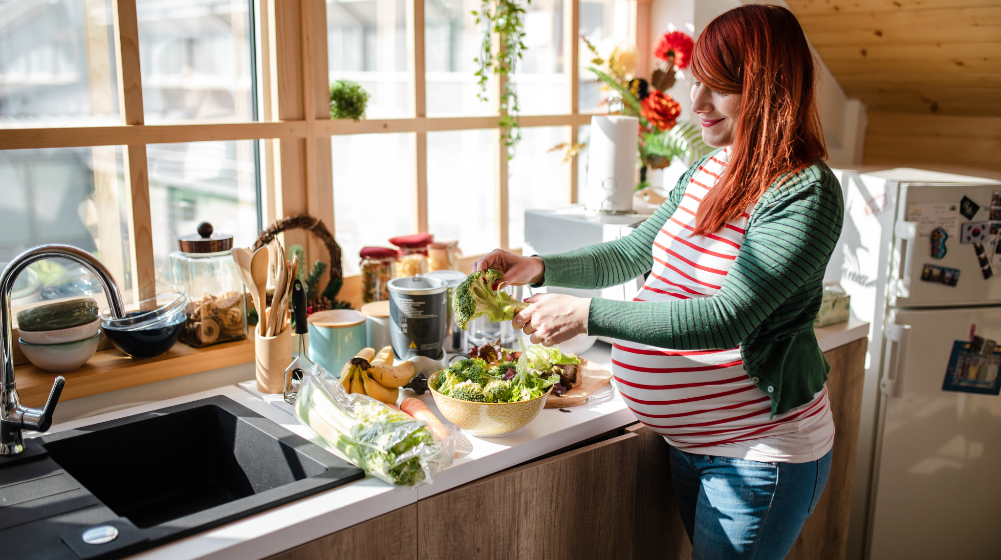 Vegan Pregnant Woman Preparing Organic Broccoli Salad | Neeva Baby