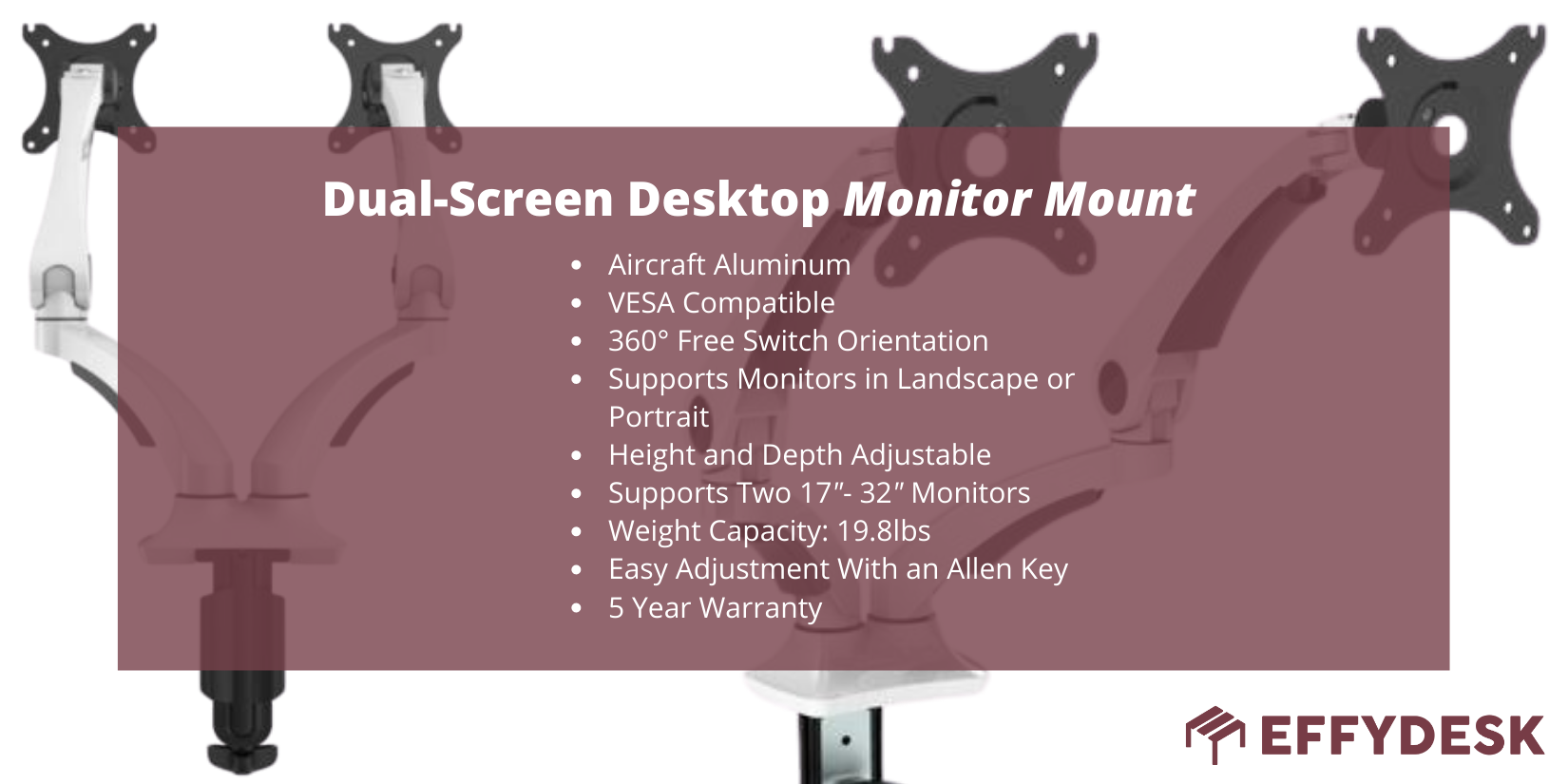 effydesk dual monitor mount specs