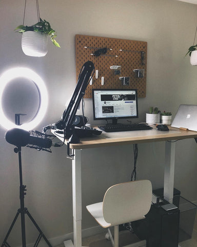 Peter Chao - EFFYDESK standing desk set up with ring lights and podcast recording booth - TikTok