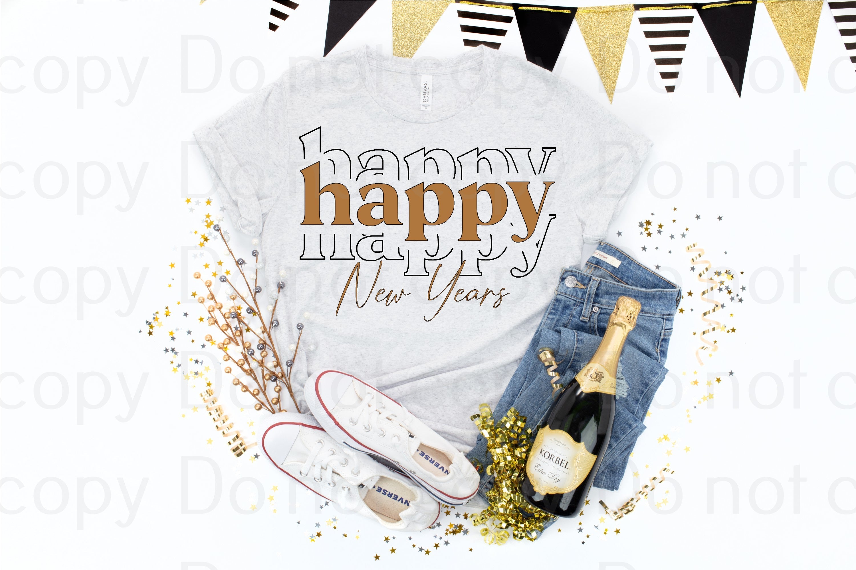 01-05 Happy Happy New Year Black And Gold Tee