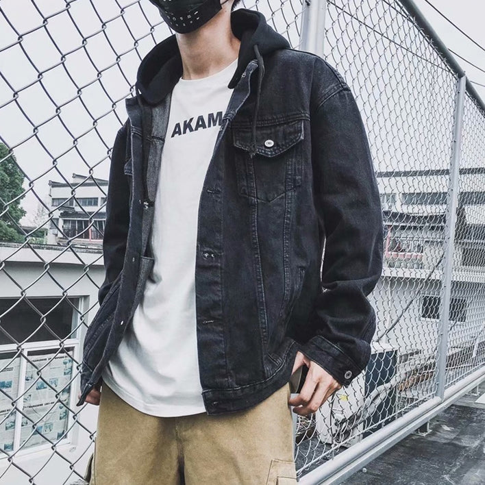 Black Denim Detachable Hooded Jackets Mens Vintage Kpop Streetwear Guy –  CALD