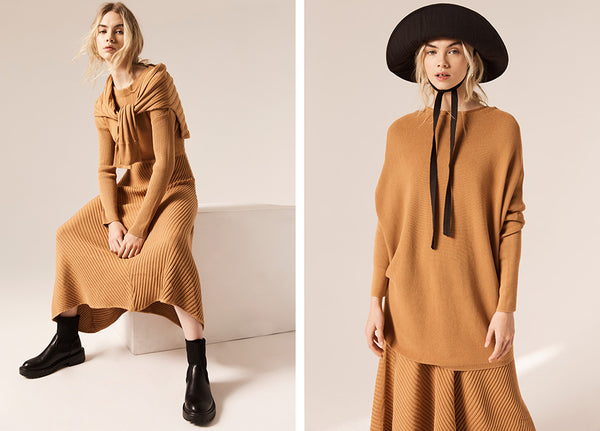 Hollie wears the Maple Knit Dress (L) the Maple Tunic Knit (R).