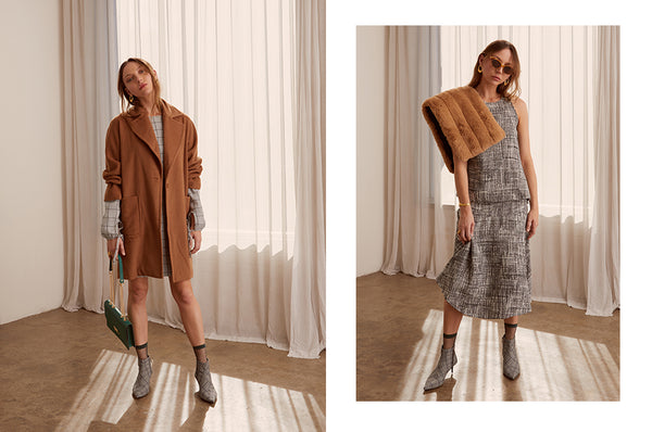 Cinder Coat with the Grid Shift Dress, the Zinc Asymmetric Tank and Skirt - POL AW19 Collection