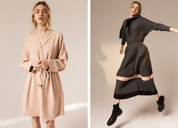 Hollie wears the Juniper Dress (L) Maple Ribbed Top and the Maple Pleated Knit Skirt (R).