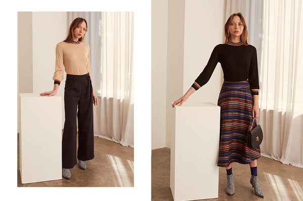 Atrium Knits in Camel and Black and the Cygnet Skirt - POL AW19 Collection