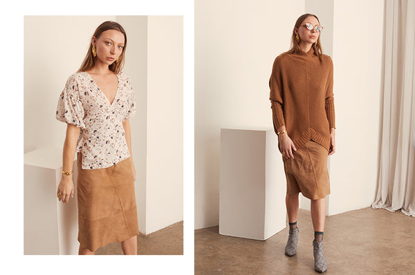 Terrazzo Wrap Top and Suede Skirt, Cove Drape Knit and Suede Skirt - POL Clothing AW19