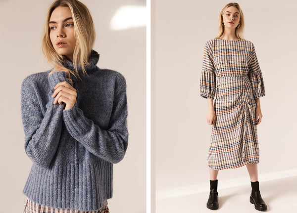 Hollie wears the Aspen Knit (L) and the Meadow Top with the Meadow Gathered Skirt (R).