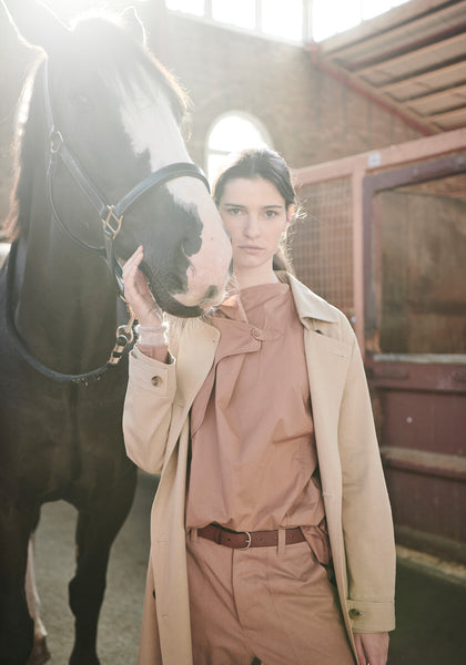 The Canter Trench in Natural, with the Ryder Saddle Shirt and the Canter Pant in Fox.