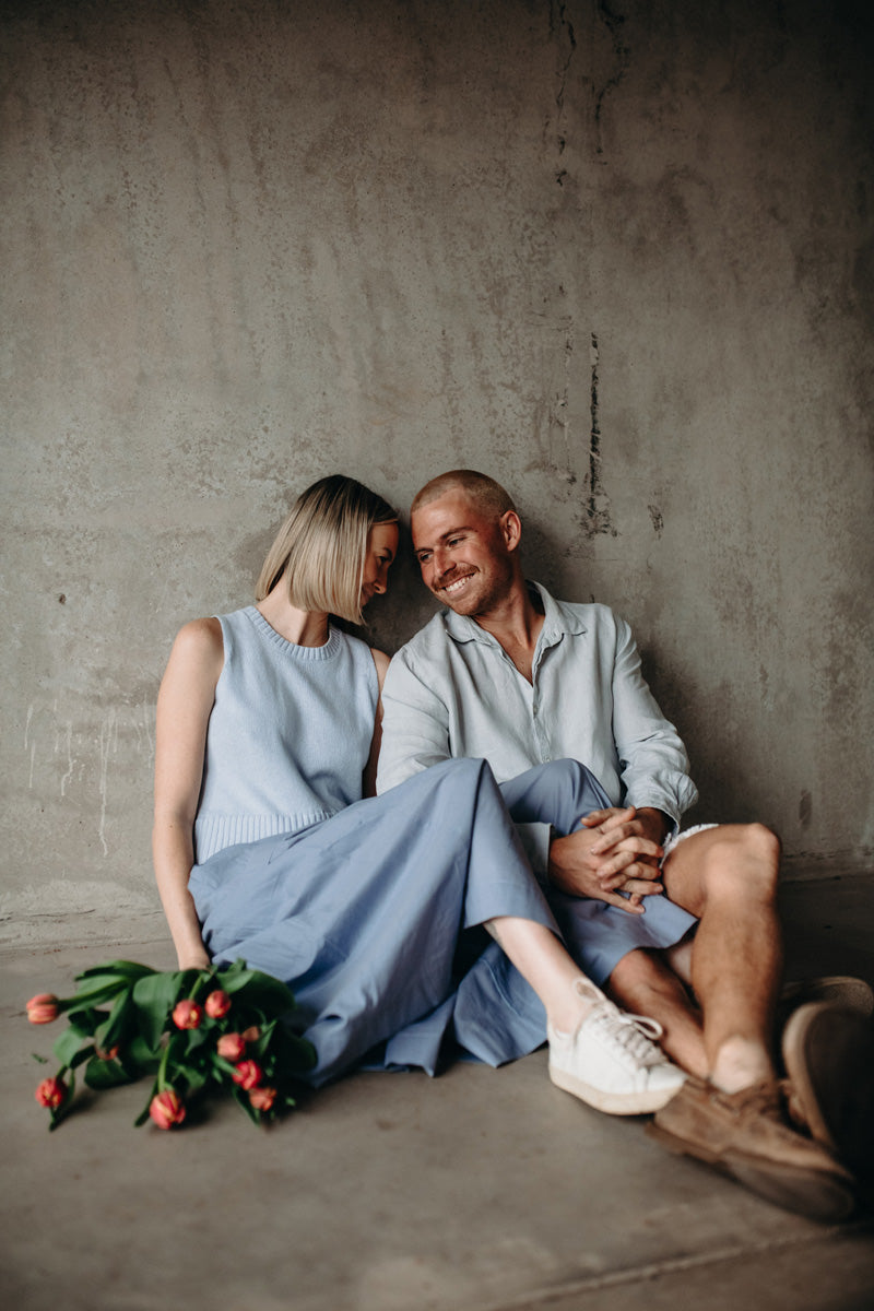 Abby wears the Marcella Knit Tank Dress in Blue.