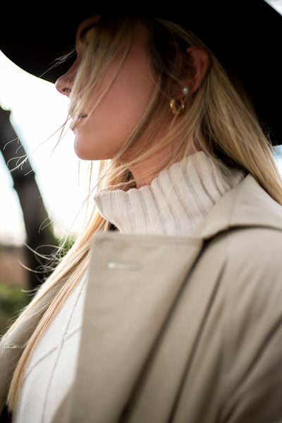 The Canter Trench on Natural with the Sunrise Cable Knit in Pebble.