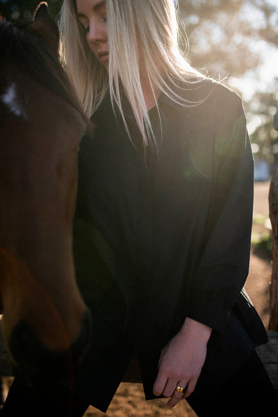 The Ryder Draped Shirt in Black.