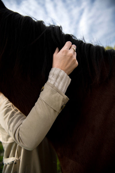 The Canter Trench on Natural with the Sunrise Cable Knit in Pebble.