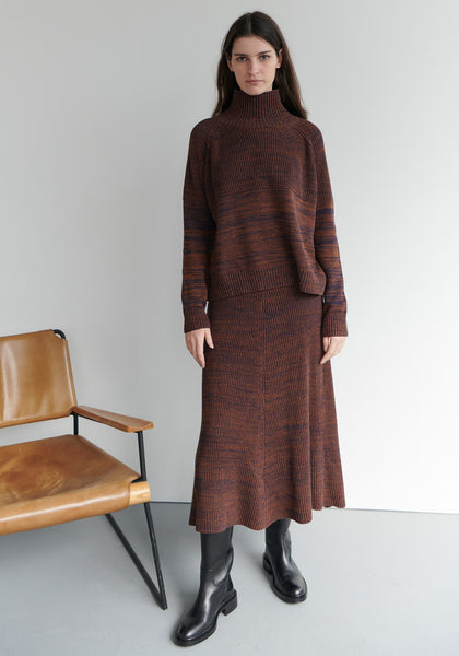 The Field Ribbed Knit with the Field Ribbed Knit Skirt in Chocolate.