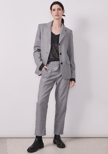 The Dressage Boyfriend Jacket, Ghost V Neck in Charcoal and Dressage Pant in Silver.
