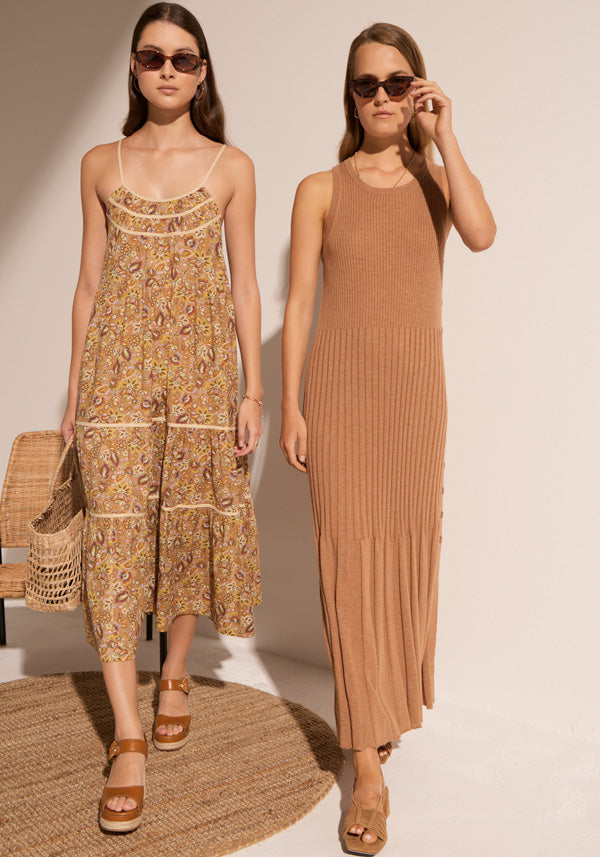 The Paisley Clover Sundress and the Maui Ribbed Tank dress in Toffee.