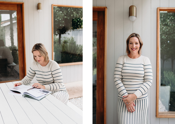 Emma wears the Gizelle Lurex Stripe Knit and Skirt.