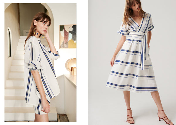 Anna wears the Column Shirt and Column Short (L) and the Column Dress (R)