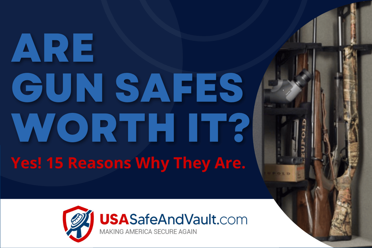 Dark blue background with contrasting light blue text that reads are gun safes worth it? The USA Safe and Vault logo and a photo of the inside of a gun safe.