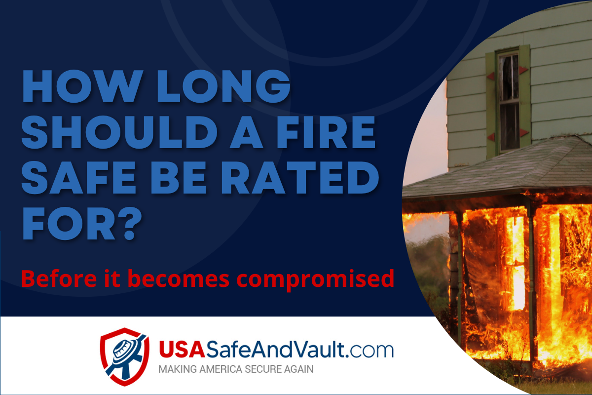 Dark blue background with contrasting light blue text that reads How long should a fire safe be rated for? The USA Safe and Vault logo and a photo of a house in flames. 