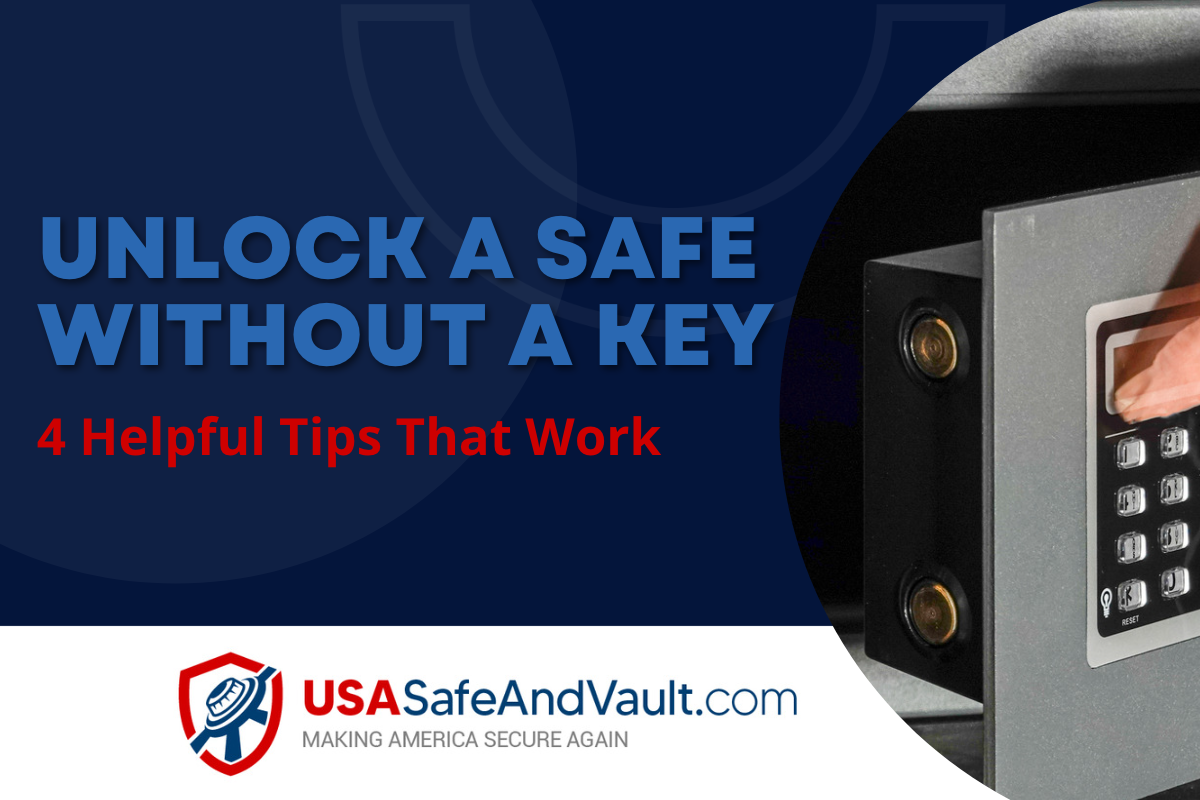 Blue background with white text that reads How to Unlock A Safe Without A Key in large font The USA Safe and Vault logo is centered at the bottom of the image. A photo of a person unlocking a safe is on the right side.