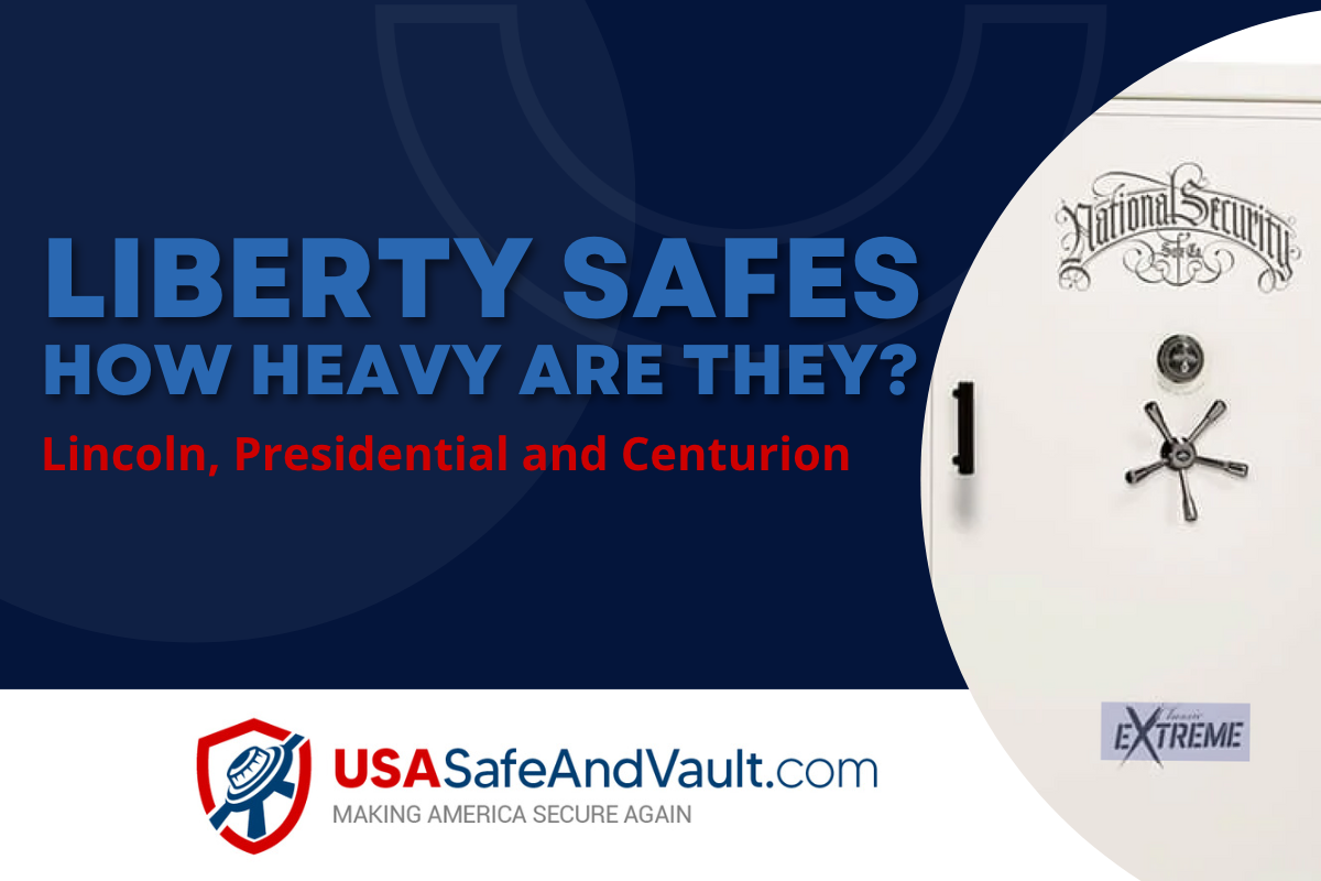 Blue background with white text that reads Liberty Safes, how heavy are they? The USA Safe and Vault logo is centered at the bottom of the image. A photo of a Liberty Safe is shown on the right. 