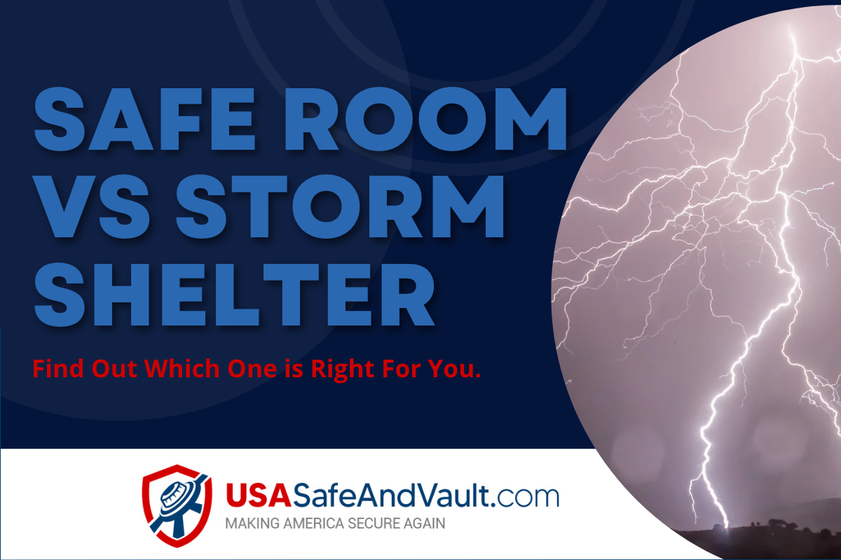 Title banner with dark blue background with contrasting red and light blue text that reads Safe Room vs Storm Shelter the USA Safe and Vault logo and the photo of a storm. 