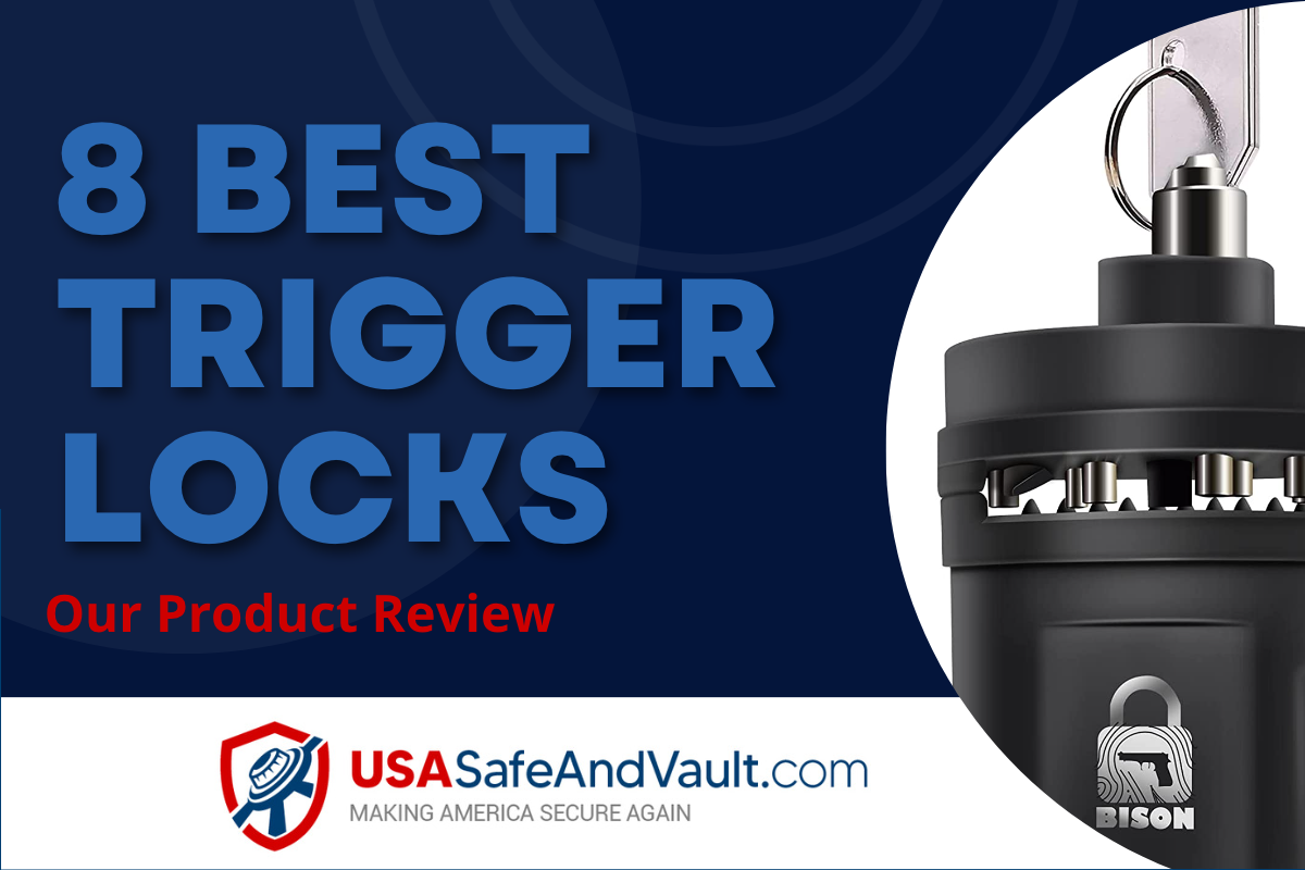 Dark blue background with contrasting light blue text that reads 8 best trigger locks, the USA Safe and Vault logo, and a photo of a biometric trigger lock.