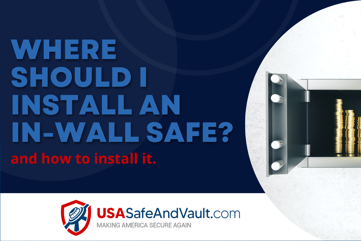 Dark blue background with contrasting light blue text that reads where should I install an in-wall safe, the USA Safe and Vault logo, and a photo of an in-wall safe.