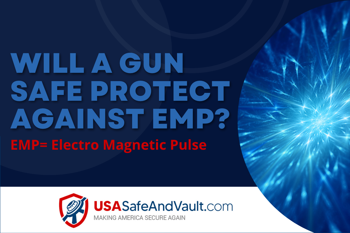 Dark blue background with contrasting light blue text that reads will a gun safe protect against EMP, the USA Safe and Vault logo, and a photo of electromagnetic pulsation.