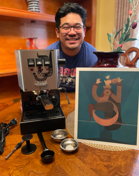 Previous giveaway winner smiling with his new 30th anniversary special edition gaggia classic pro.