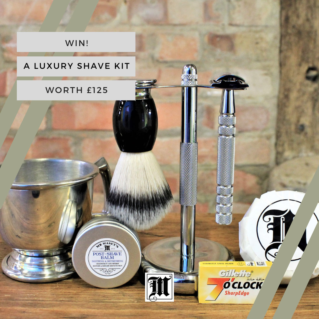Win a Luxury Shaving Kit worth £125. Image of the shaving kit, stand, razor, shaving brush bowl and soap