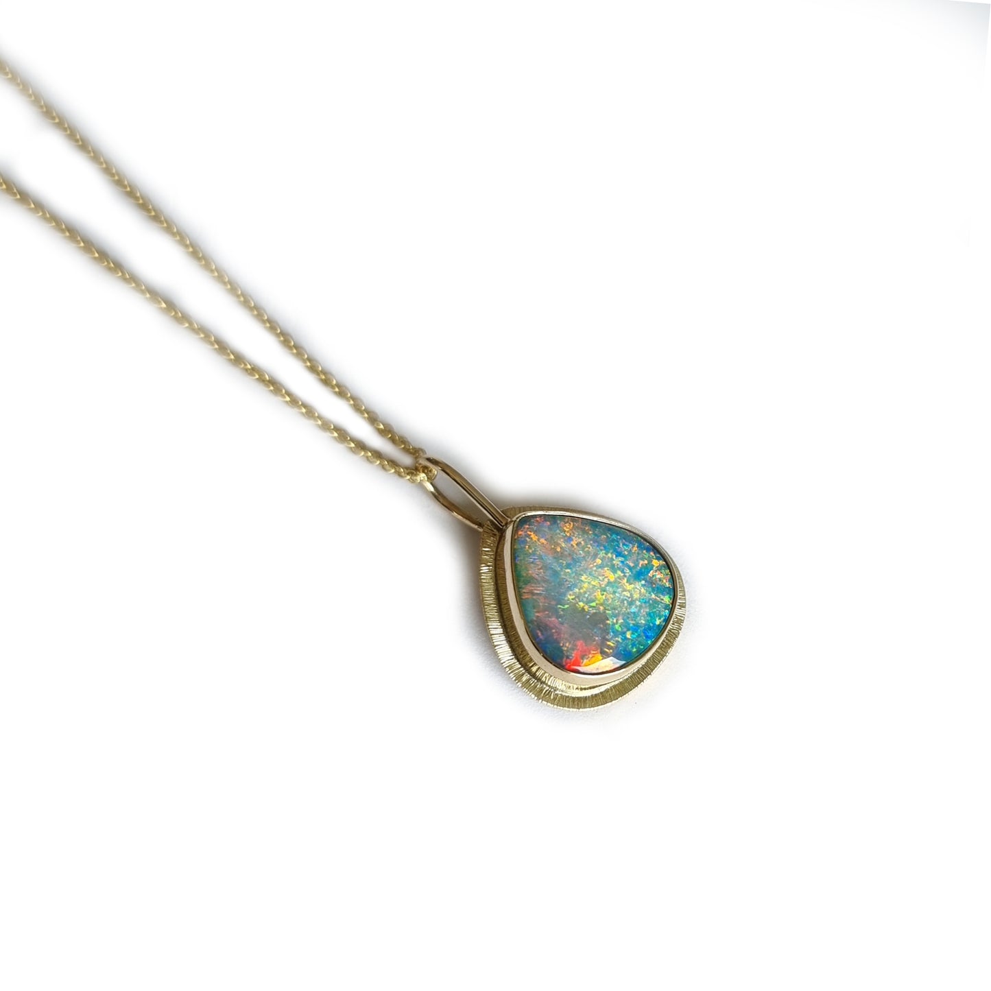 Emily Eliza Arlotte Handcrafted Fine Jewellery - Handmade 9 ct Gold Large Teardrop Opal Doublet Coober Pedy South Australia Orange Blue Green Purple Flashes 14ct Sold Gold Chain Contemporary Design Made in Tasmania 