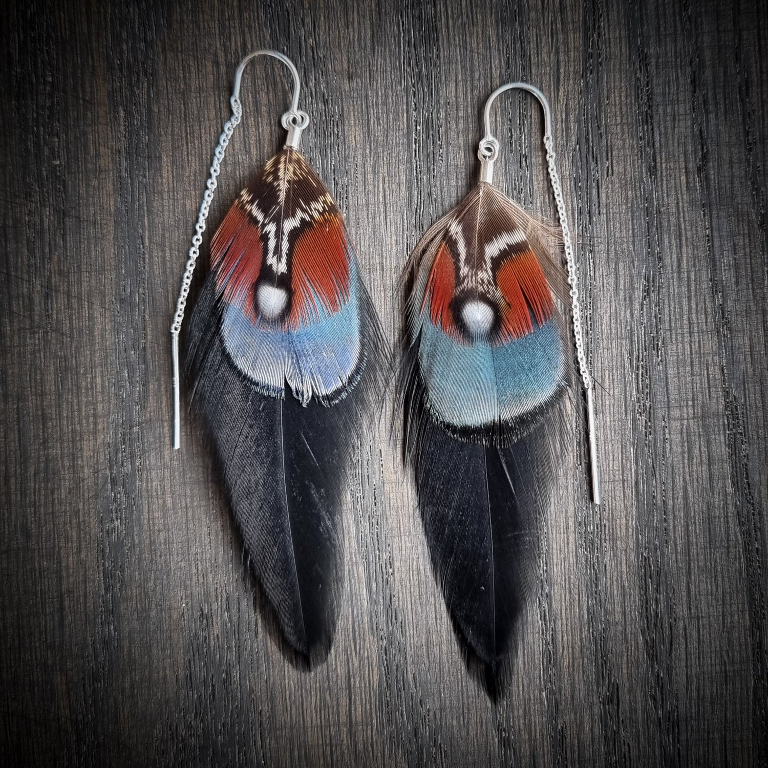 Emily Eliza Arlotte Handcrafted Fine Jewellery - Handmade Australian Tasmanian Natural Cruelty Free Ethical Eco Designer Green Brown Patterned Pheasant Bird Feather Earrings Sterling Silver Threads Chains Dainty Boho Bohemian Gypsy Witchy Style Fashion