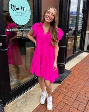 Hot Pink Tiered Dress w/Flutter Sleeves