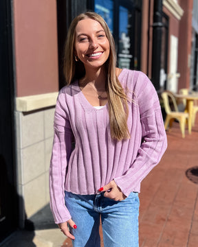 Lavender Ribbed V-Neck Sweater