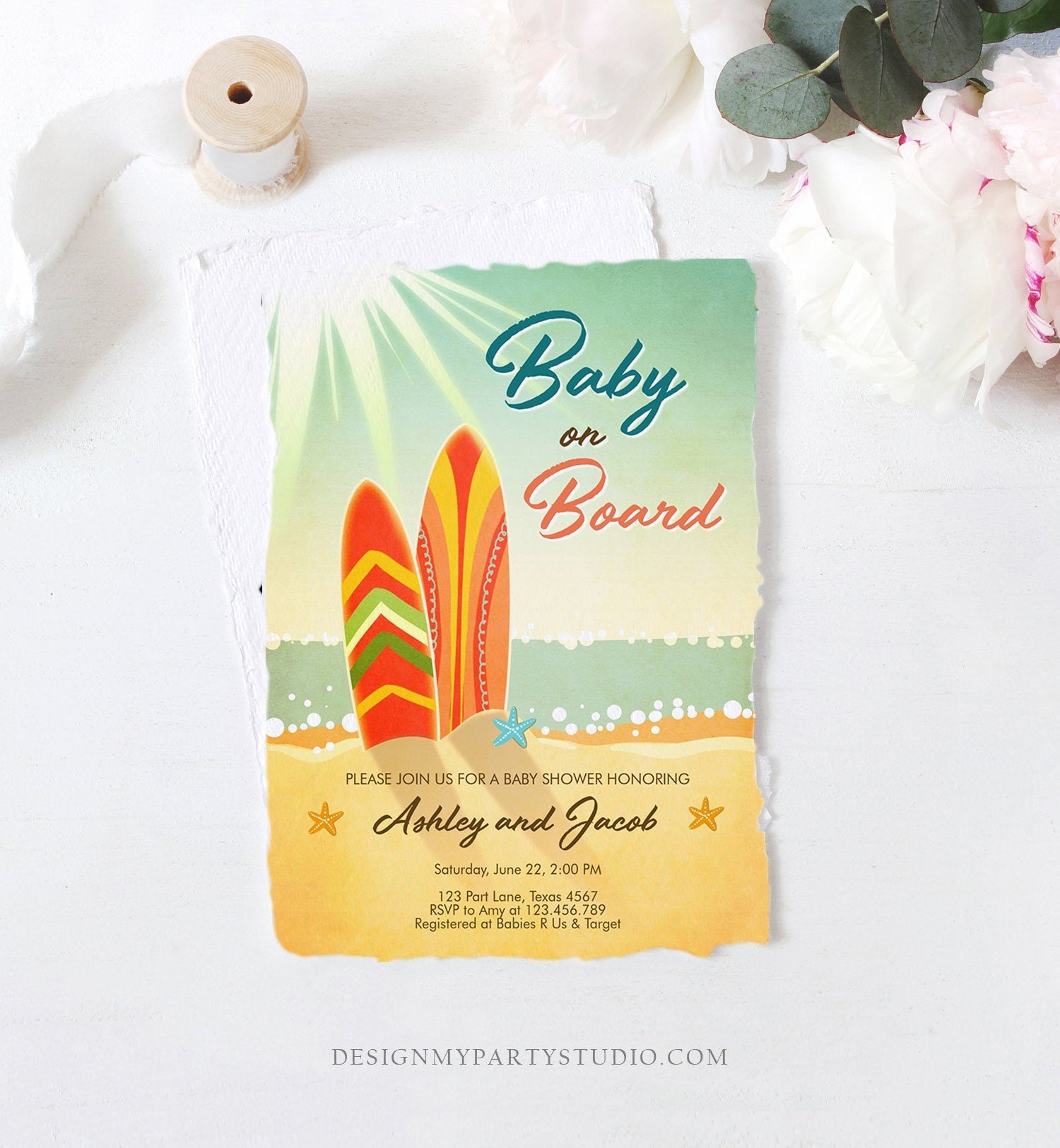 Editable Baby on Board Shower Invitation Surfing Boy Baby Shower